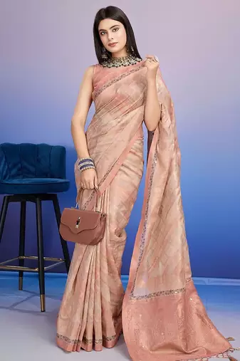 peach aari work pure cotton banarasi saree
