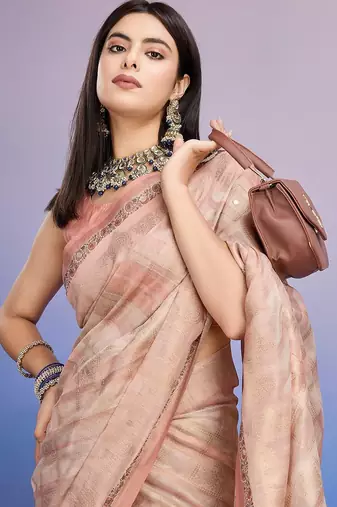 peach aari work pure cotton banarasi saree