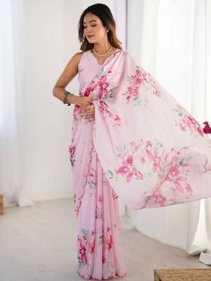 pink floral printed mirror work pure chiffon saree with blouse 1