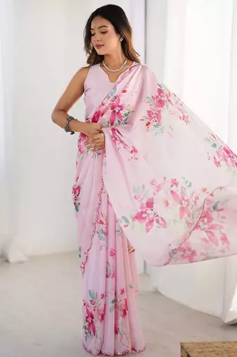 pink floral printed mirror work pure chiffon saree with blouse