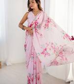 pink floral printed mirror work pure chiffon saree with blouse