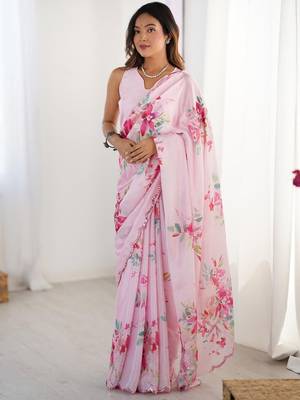 pink floral printed mirror work pure chiffon saree with blouse 2