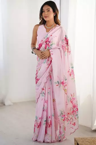 pink floral printed mirror work pure chiffon saree with blouse