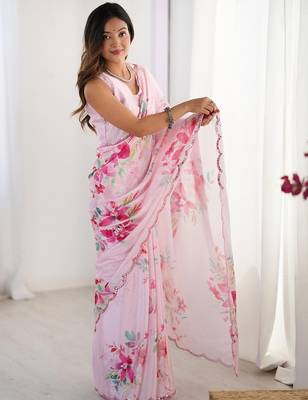 pink floral printed mirror work pure chiffon saree with blouse 3
