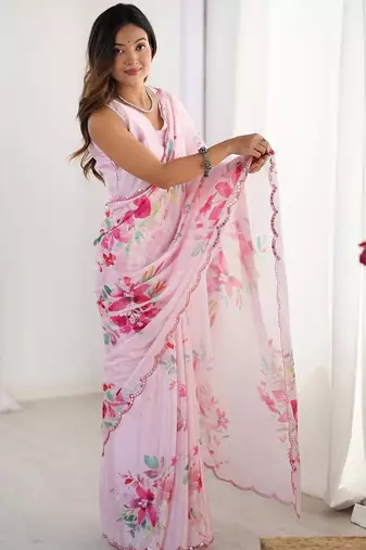 pink floral printed mirror work pure chiffon saree with blouse