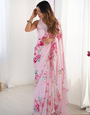 pink floral printed mirror work pure chiffon saree with blouse 4