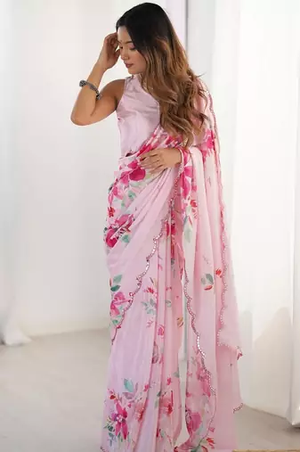 pink floral printed mirror work pure chiffon saree with blouse