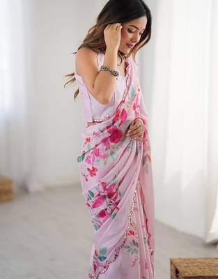 pink floral printed mirror work pure chiffon saree with blouse 5