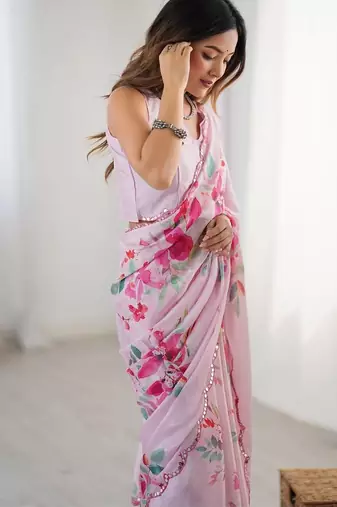 pink floral printed mirror work pure chiffon saree with blouse