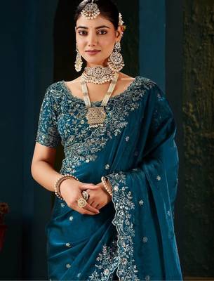 teal floral embroidered heavy work saree 1