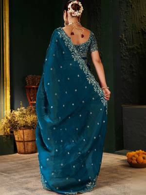 teal floral embroidered heavy work saree 2