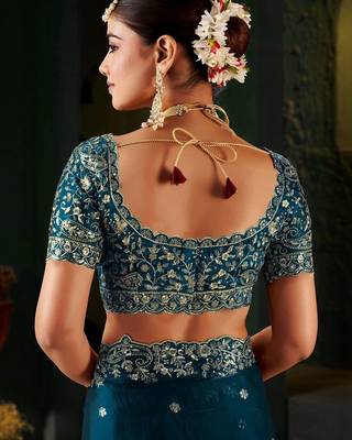 teal floral embroidered heavy work saree 4