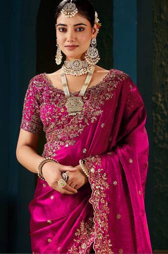 magenta floral zari heavy work saree
