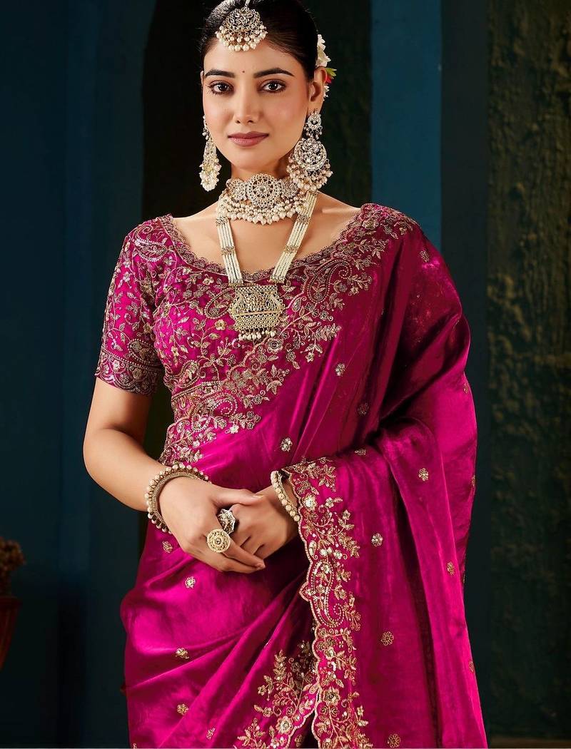 magenta floral zari heavy work saree