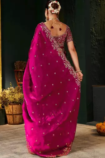 magenta floral zari heavy work saree