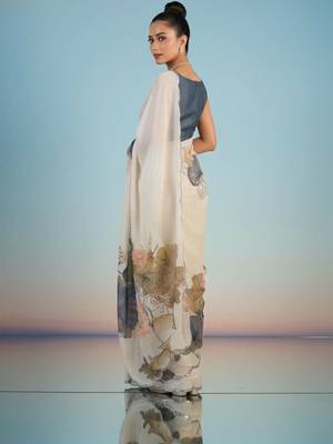Off white floral mirror work satin designer saree 3