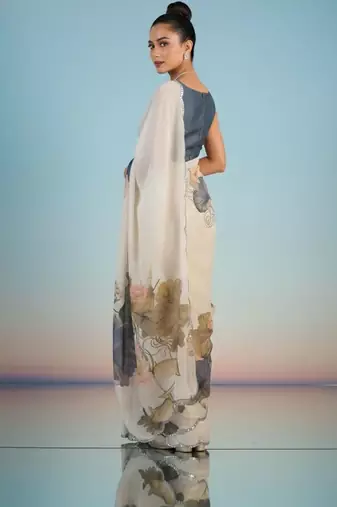 Off white floral mirror work satin designer saree