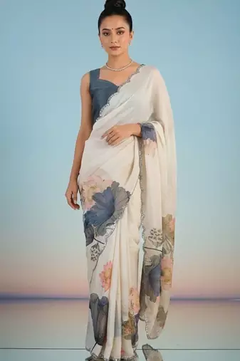 Off white floral mirror work satin designer saree