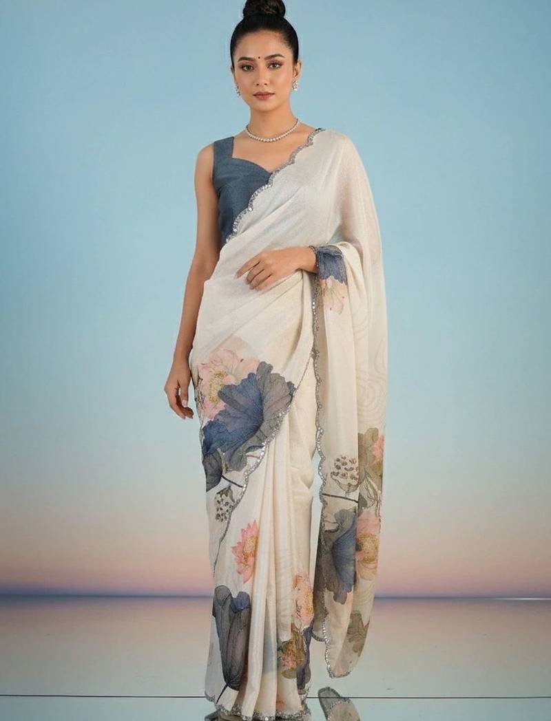 Off white floral mirror work satin designer saree
