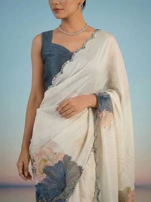 Off white floral mirror work satin designer saree 5