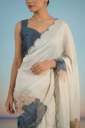 Off white floral mirror work satin designer saree