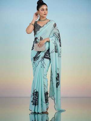 turquoise floral mirror work satin saree 1