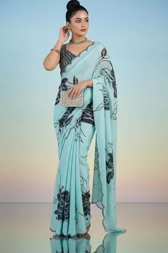 turquoise floral mirror work satin saree