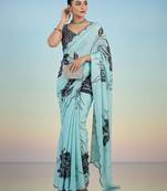 turquoise floral mirror work satin saree
