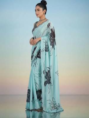 turquoise floral mirror work satin saree 2