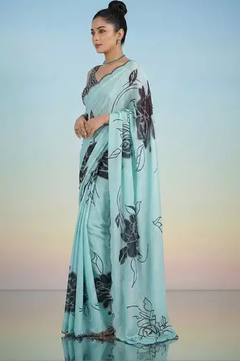 turquoise floral mirror work satin saree