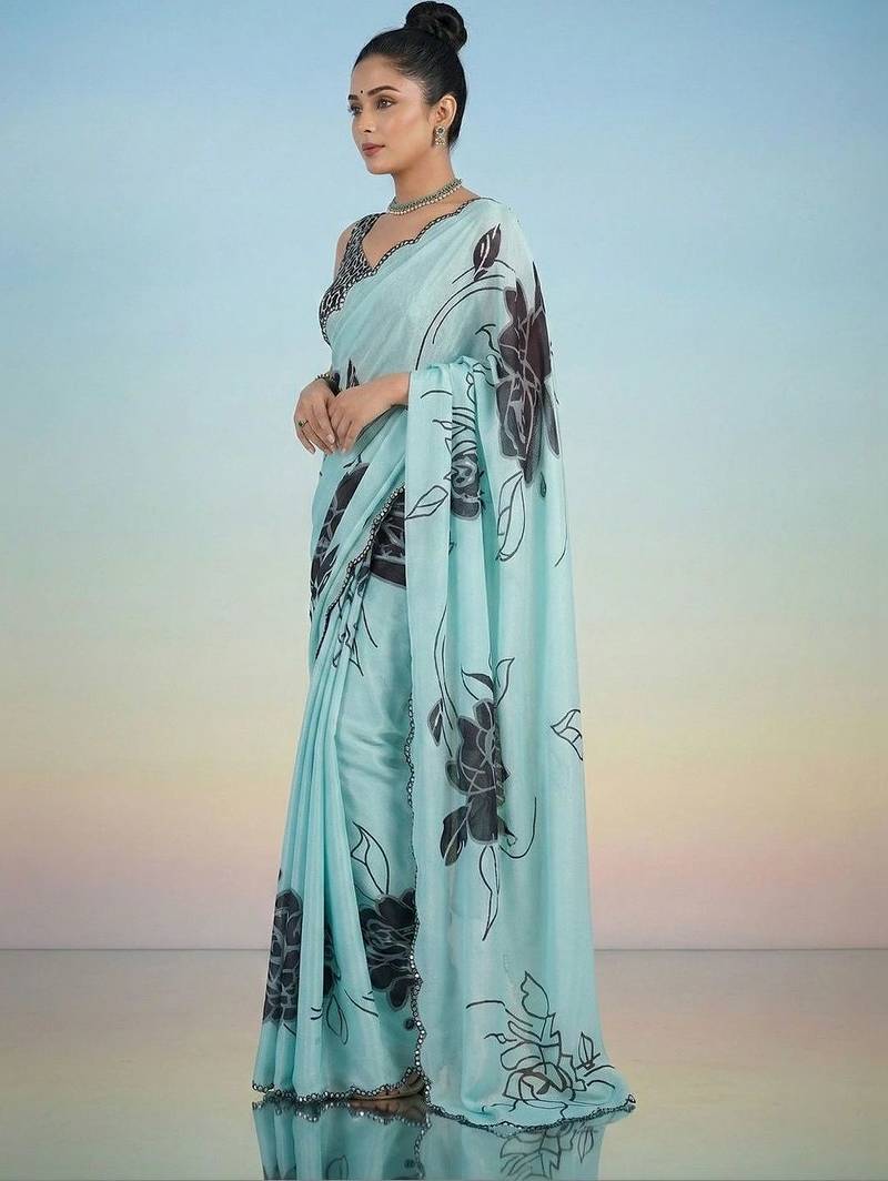 turquoise floral mirror work satin saree