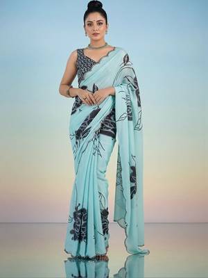 turquoise floral mirror work satin saree 3