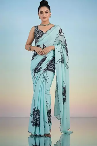 turquoise floral mirror work satin saree