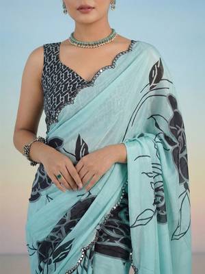 turquoise floral mirror work satin saree 4