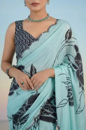 turquoise floral mirror work satin saree