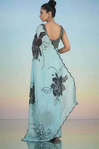 turquoise floral mirror work satin saree