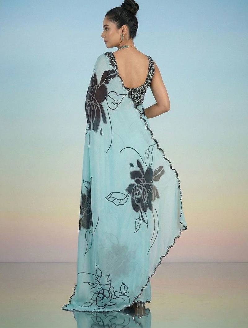 turquoise floral mirror work satin saree