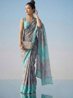 Multicolor floral sequinned satin half and half saree 1