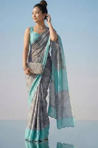Multicolor floral sequinned satin half and half saree