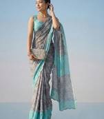 Multicolor floral sequinned satin half and half saree