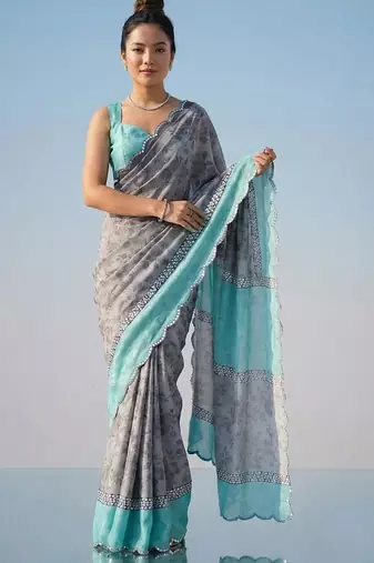 Multicolor floral sequinned satin half and half saree