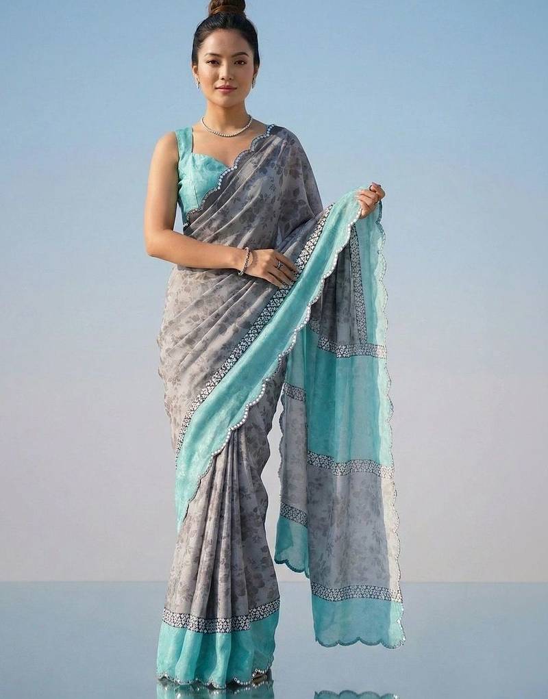 Multicolor floral sequinned satin half and half saree