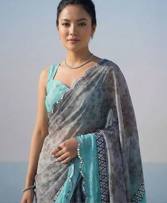 Multicolor floral sequinned satin half and half saree 3