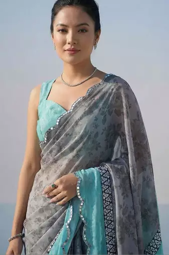 Multicolor floral sequinned satin half and half saree