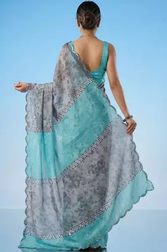 Multicolor floral sequinned satin half and half saree
