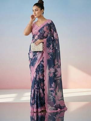 Navy blue floral mirror work satin saree 1