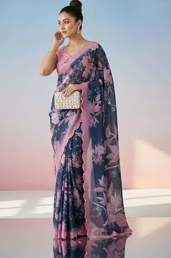 Navy blue floral mirror work satin saree