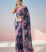 Navy blue floral mirror work satin saree