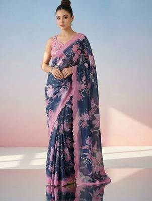 Navy blue floral mirror work satin saree 2