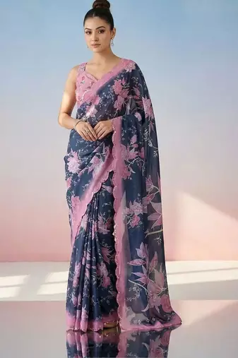 Navy blue floral mirror work satin saree